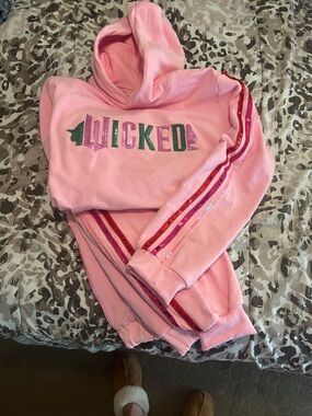 Pink 'WICKED' Hooded Sweatshirt with Sequin Stripe Details and pants set